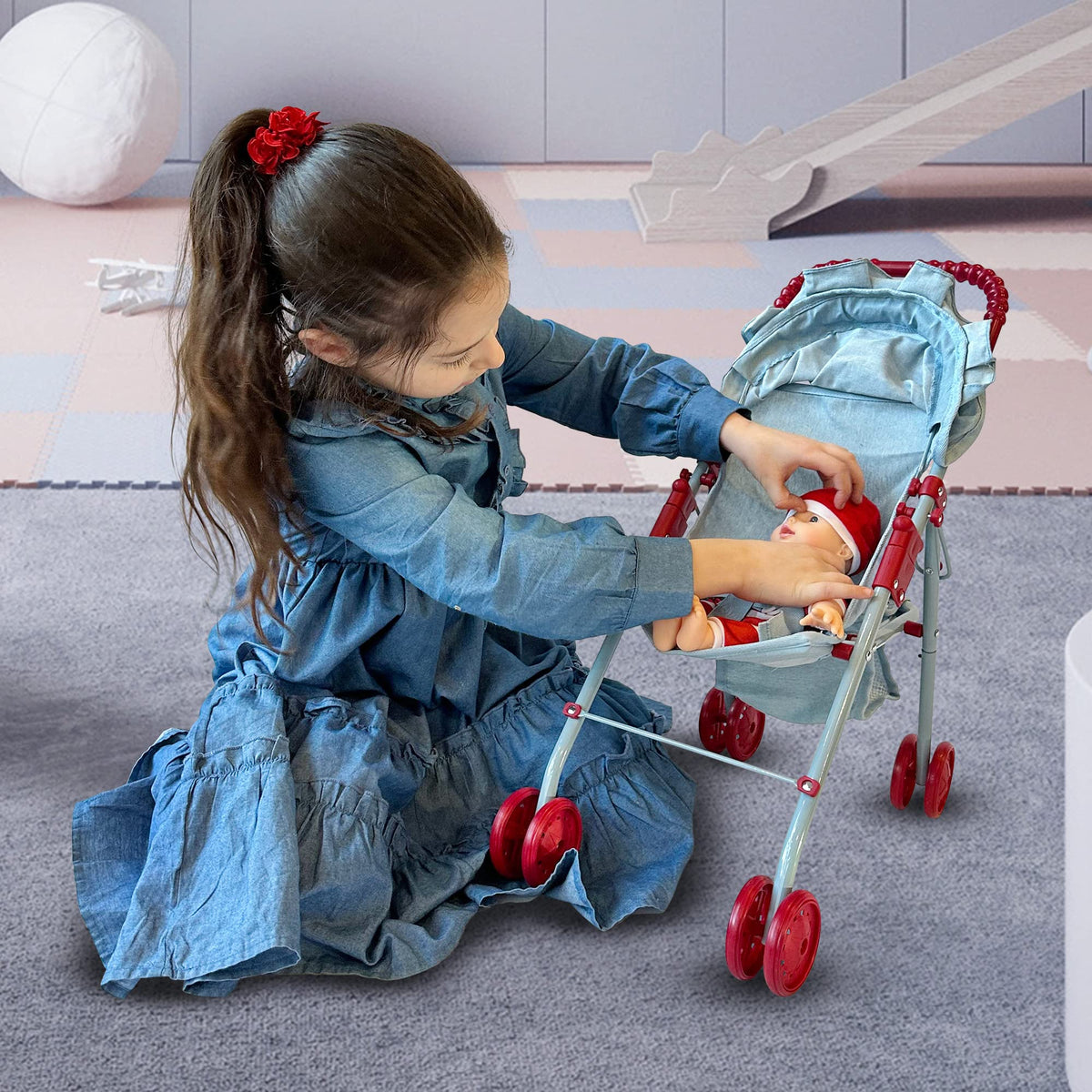 The New York Doll Collection doll stroller with sun canopy for shade.