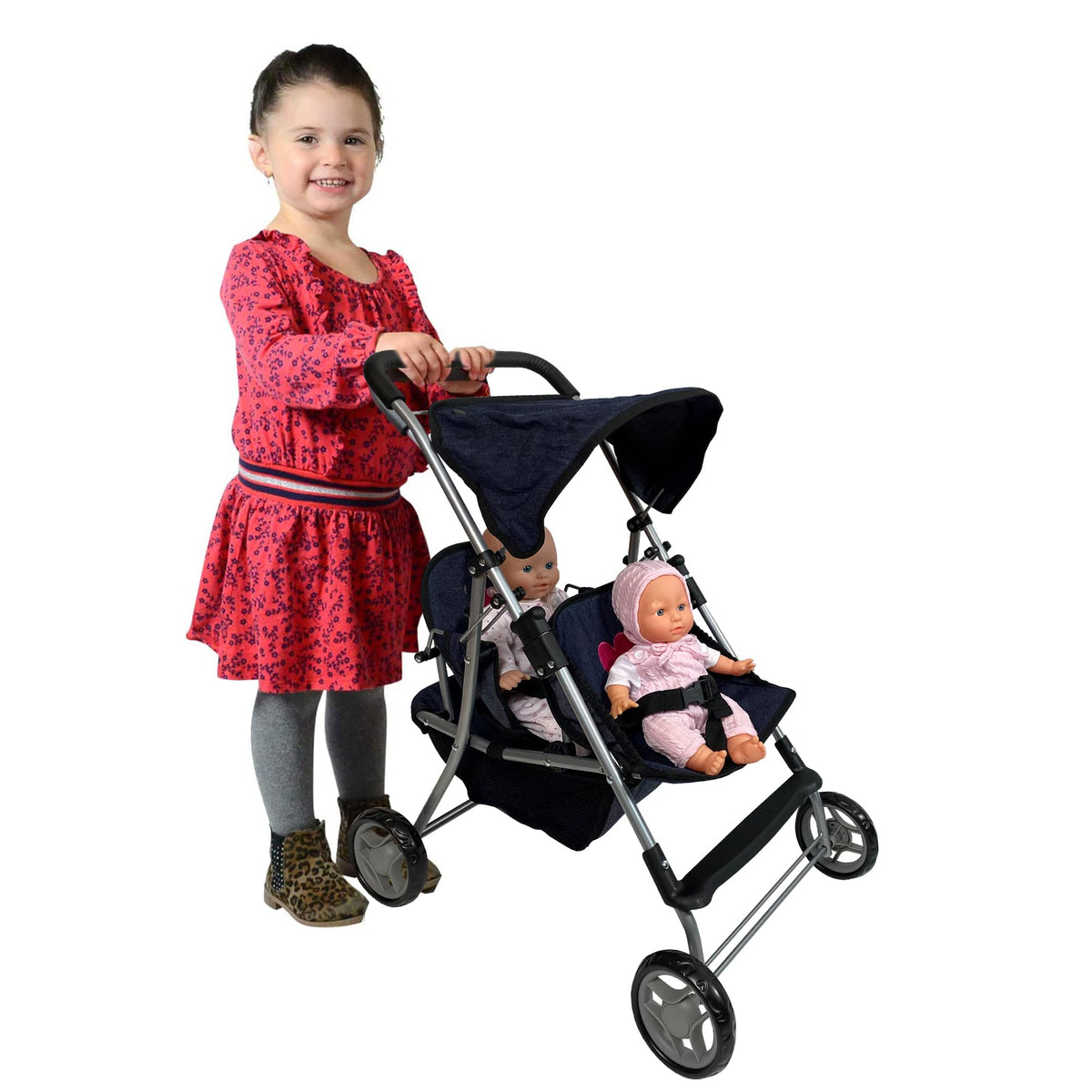 Denim twin stroller with retractable canopy offering sun protection during outdoor adventures