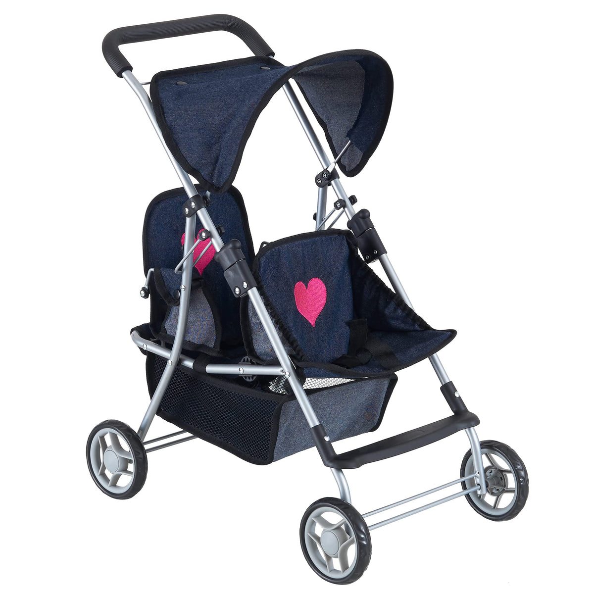 The New York Doll Collection twin stroller in denim with pink hearts for imaginative play