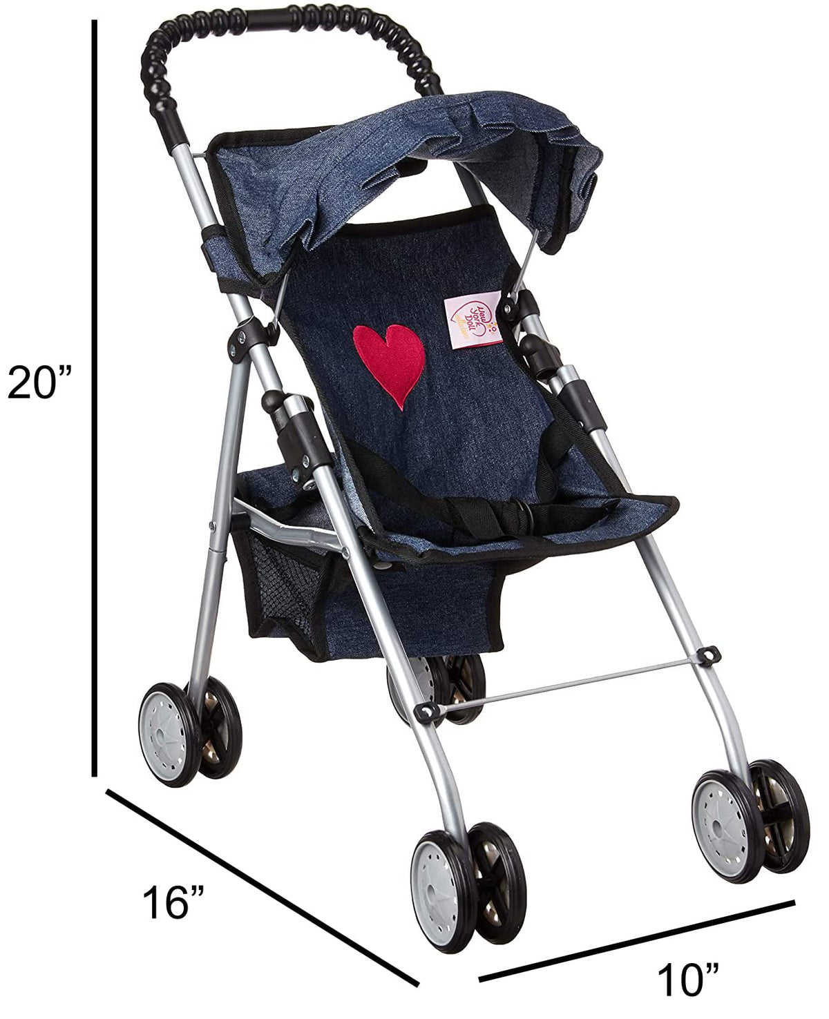 The New York Doll Collection denim stroller offers a convenient storage basket for accessories
