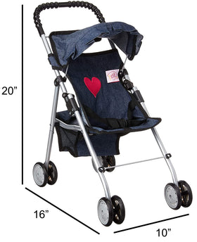 The New York Doll Collection denim stroller offers a convenient storage basket for accessories