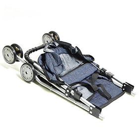 The New York Doll Collection denim stroller with a seat belt supports secure, imaginative outings
