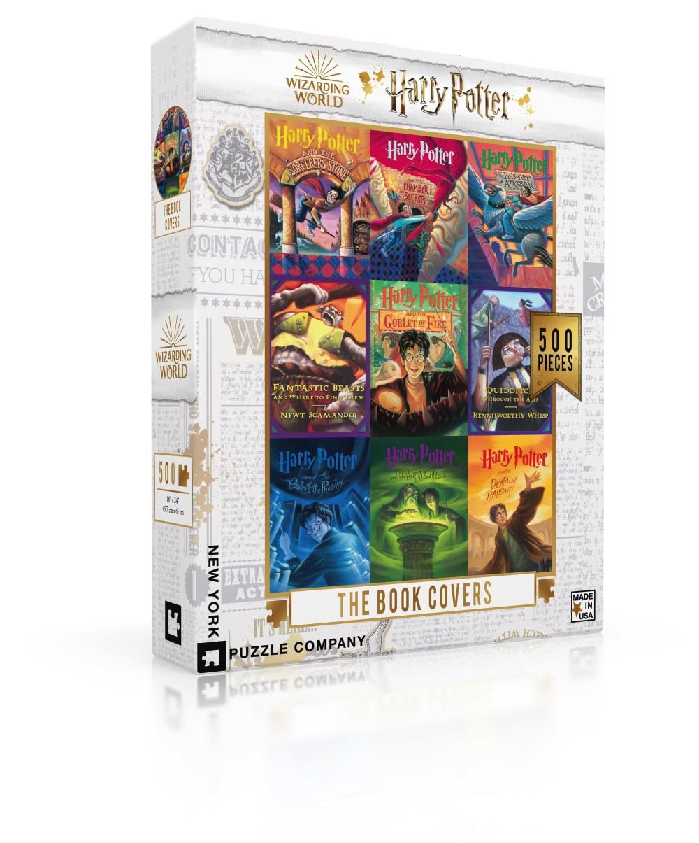 New York Puzzle Company Harry Potter collage 500-piece puzzle front box, great for family nights.