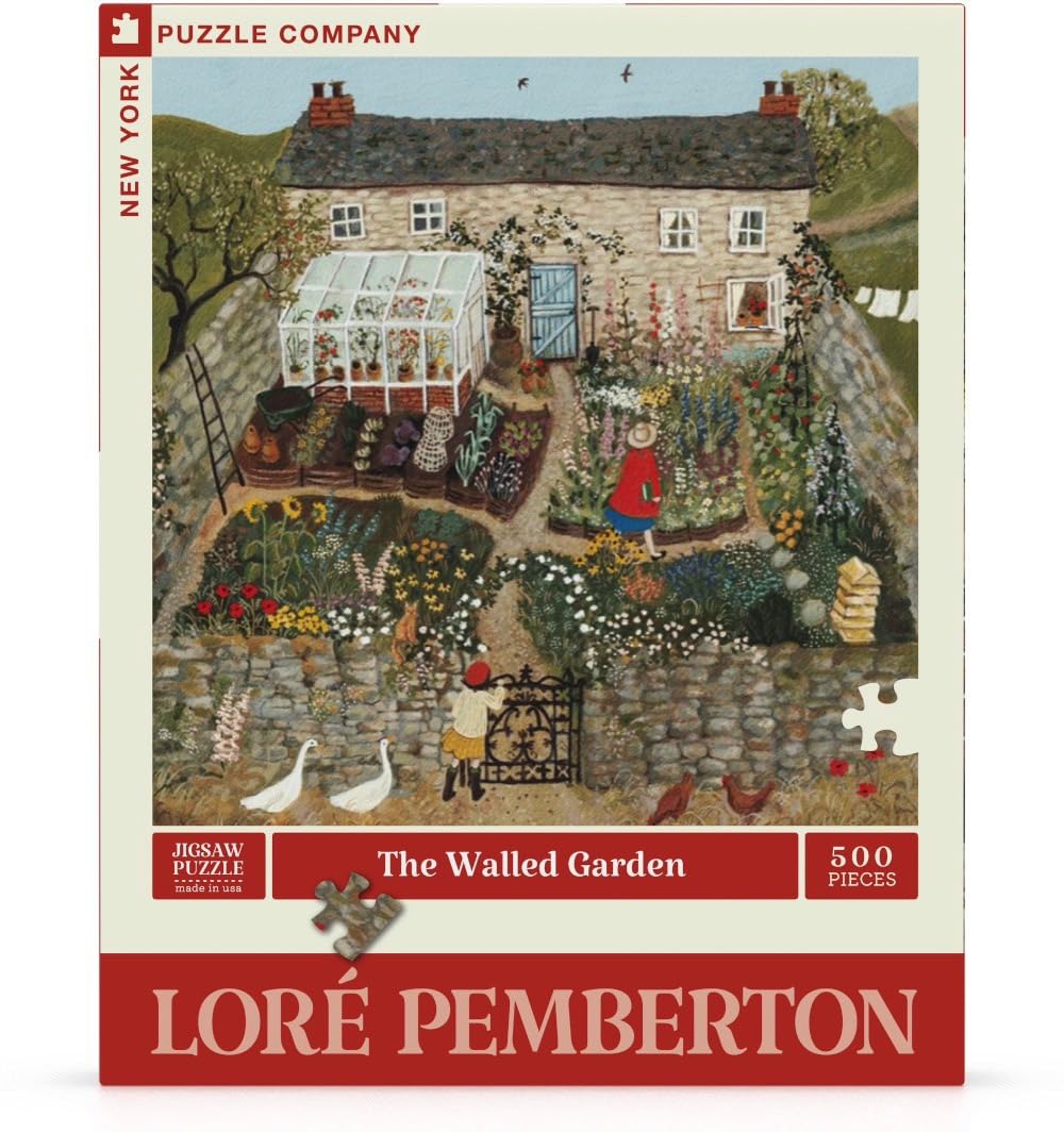 New York Puzzle Company Loré Pemberton Walled Garden illustration, tranquil woodland scene.