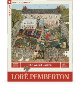 New York Puzzle Company Loré Pemberton Walled Garden illustration, tranquil woodland scene.
