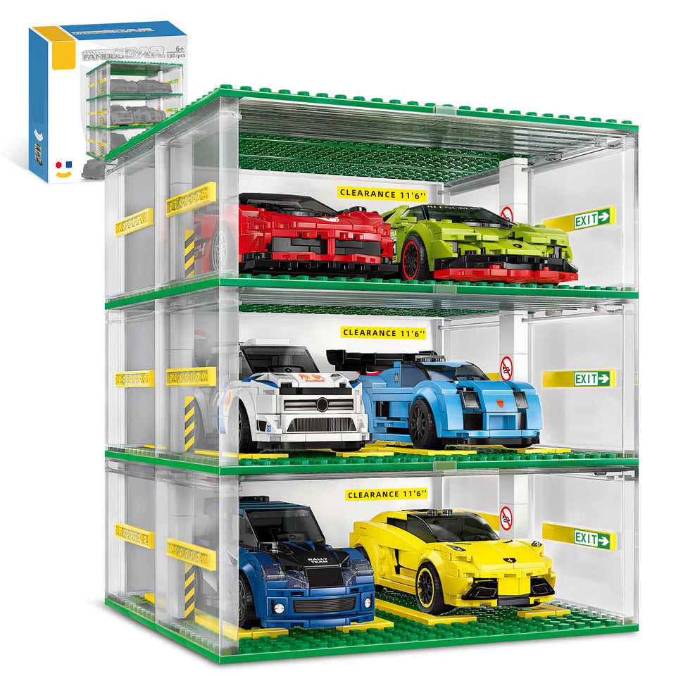 NEWABWN building block cars garage with three story display for organized showcases