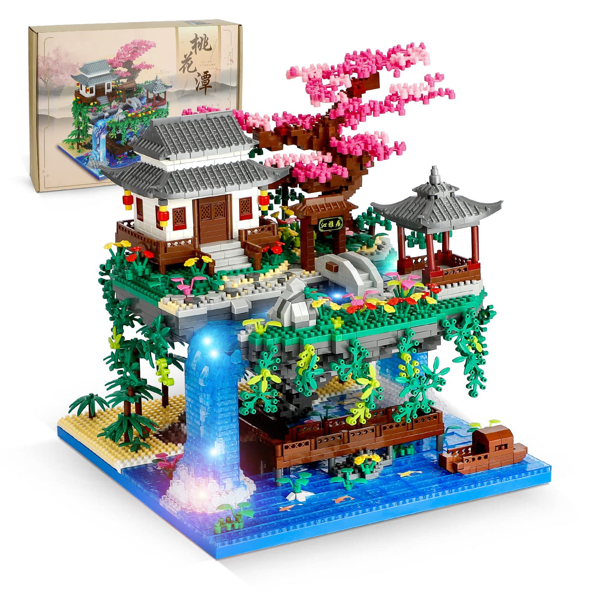 NEWABWN Cherry Blossom Tree Building Set with Lighting showcases a luminous living room centerpiece.