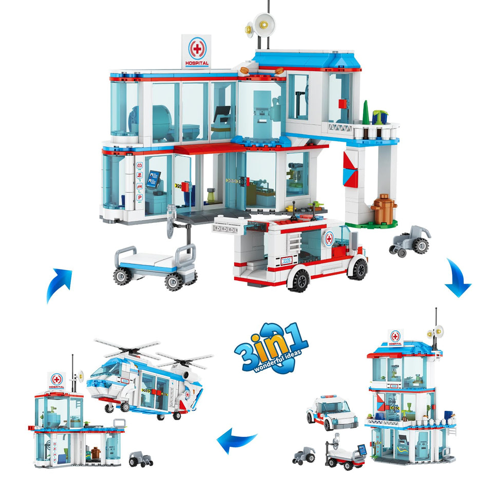NEWABWN city hospital building 3in1 lets kids imagine multi-room care scenes.