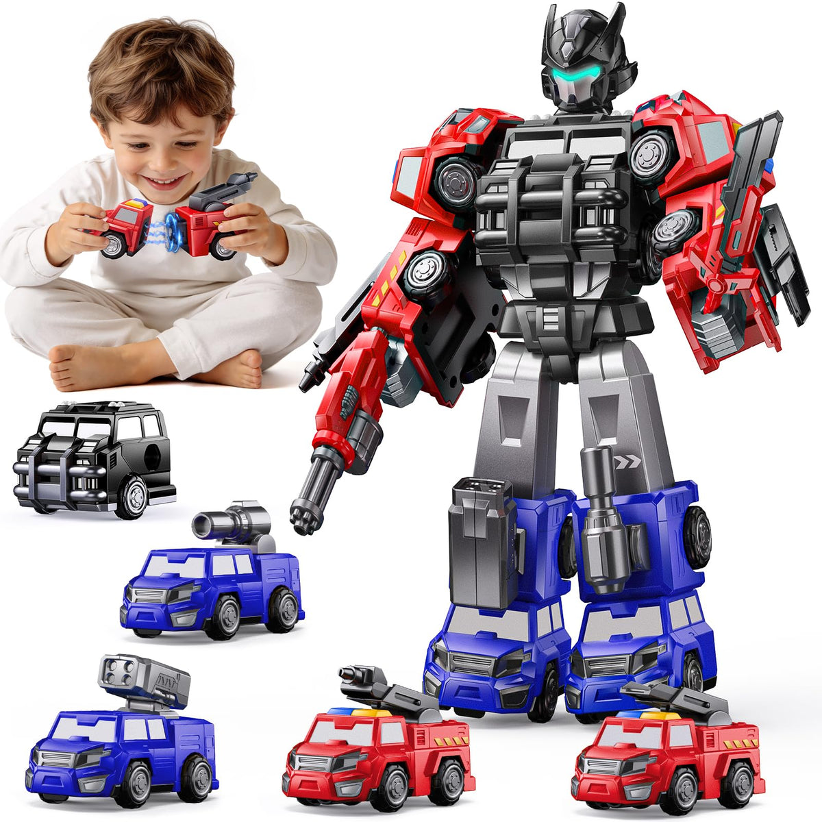 NewBandMo 5-in-1 transform robot with fire vehicles for imaginative play and learning.
