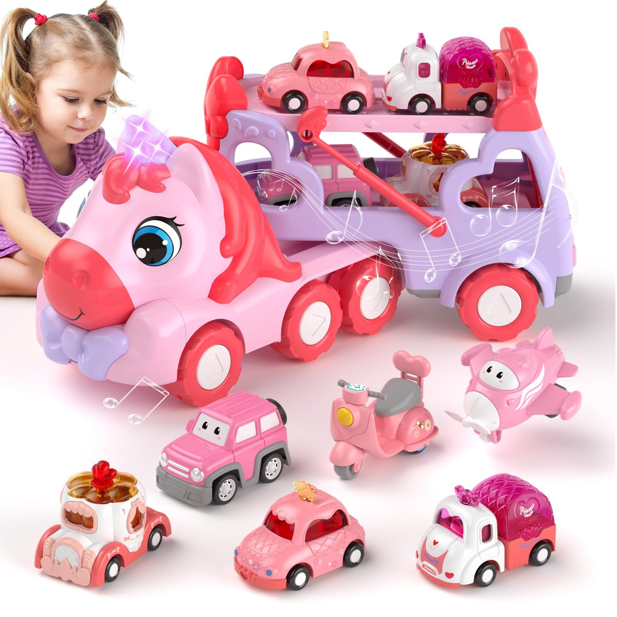 Newcrave princess transport truck with a large pink unicorn promotes imaginative play