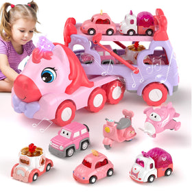 Newcrave princess transport truck with a large pink unicorn promotes imaginative play