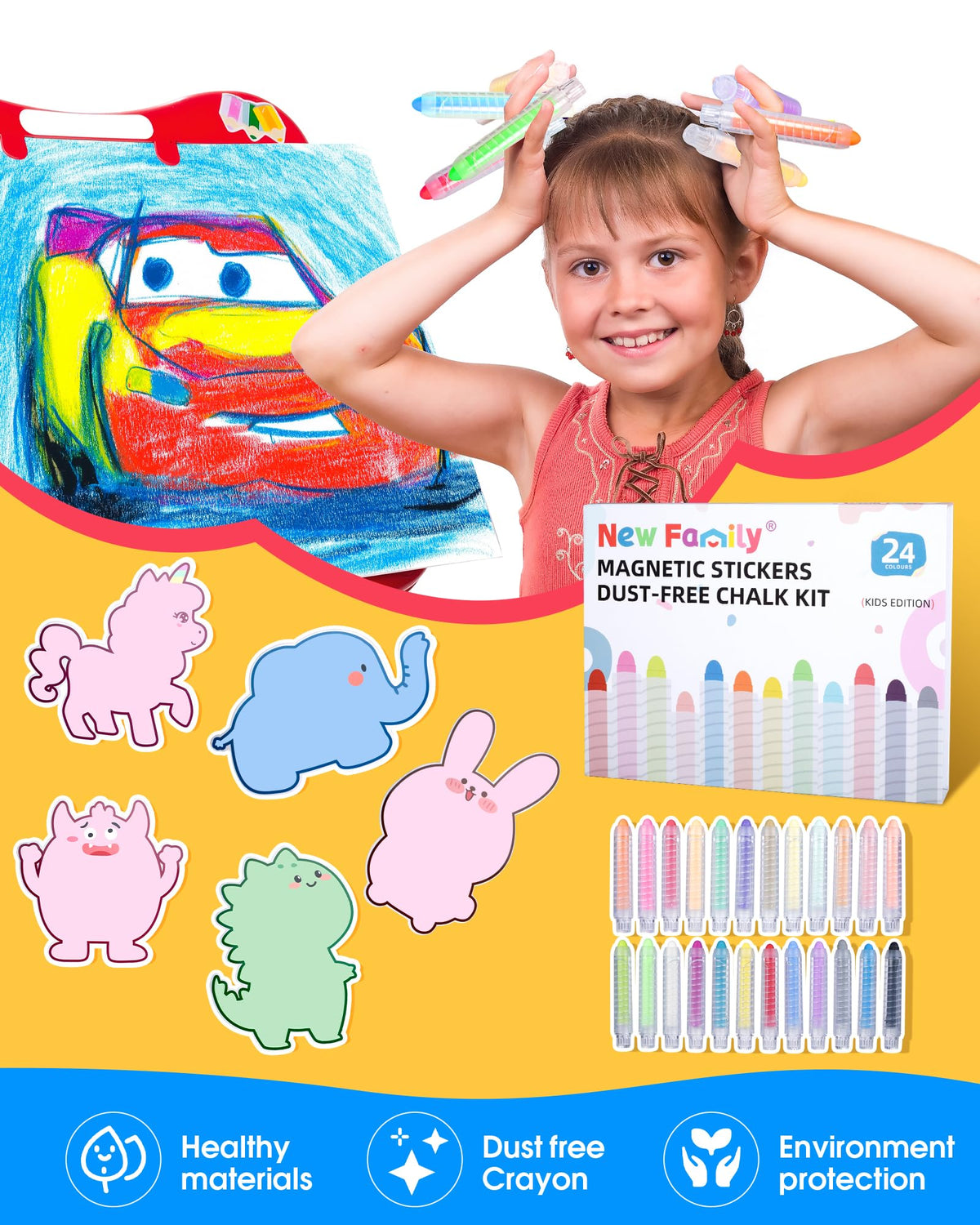 NewFamily magnetic board with unicorn magnets enables portable storytelling and quick doodles