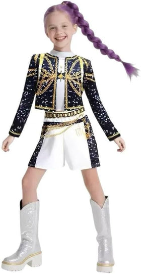NewFuzzy Girls Cosplay Costume front view with bold black print for lively performances.