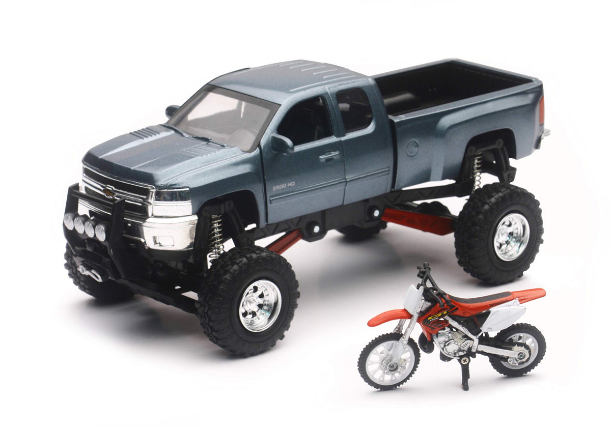NewRay Chevrolet 4x4 gray Silverado with Honda dirt bike, die-cast model with working suspension for display