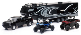 NewRay die-cast pickup truck with toy hauler for imaginative play and durable metal construction.