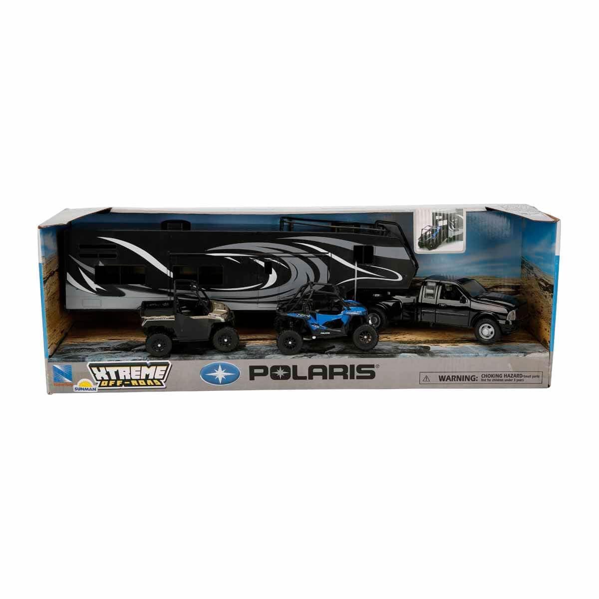 NewRay Dodge Ram Dually with toy hauler and Polaris UTV, ideal for display and imaginative play.