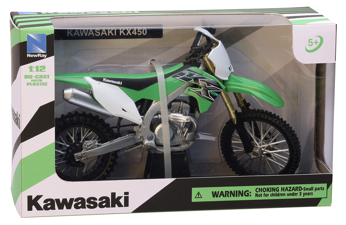NewRay Kawasaki KX 450F 1/12 diecast front angle, perfect collectible
