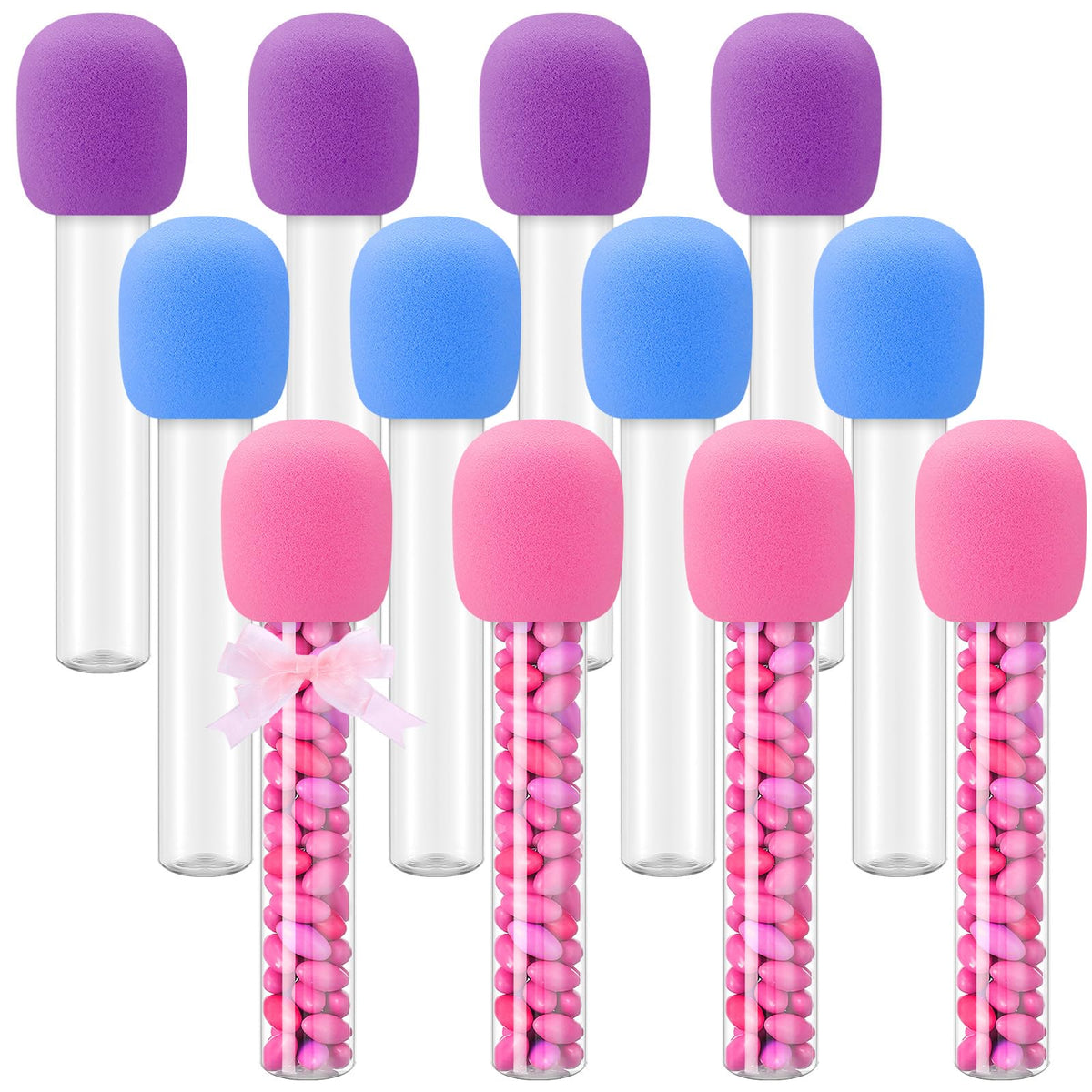 Newtay microphone candy tubes in purple add vibrant party decor and visual flair.