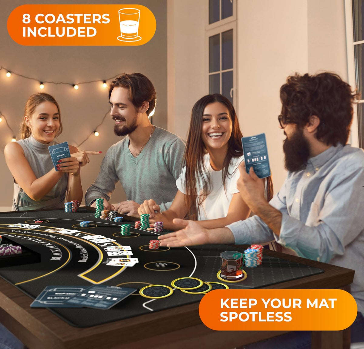 Newverest blackjack mat with coasters and reference cards for quick play