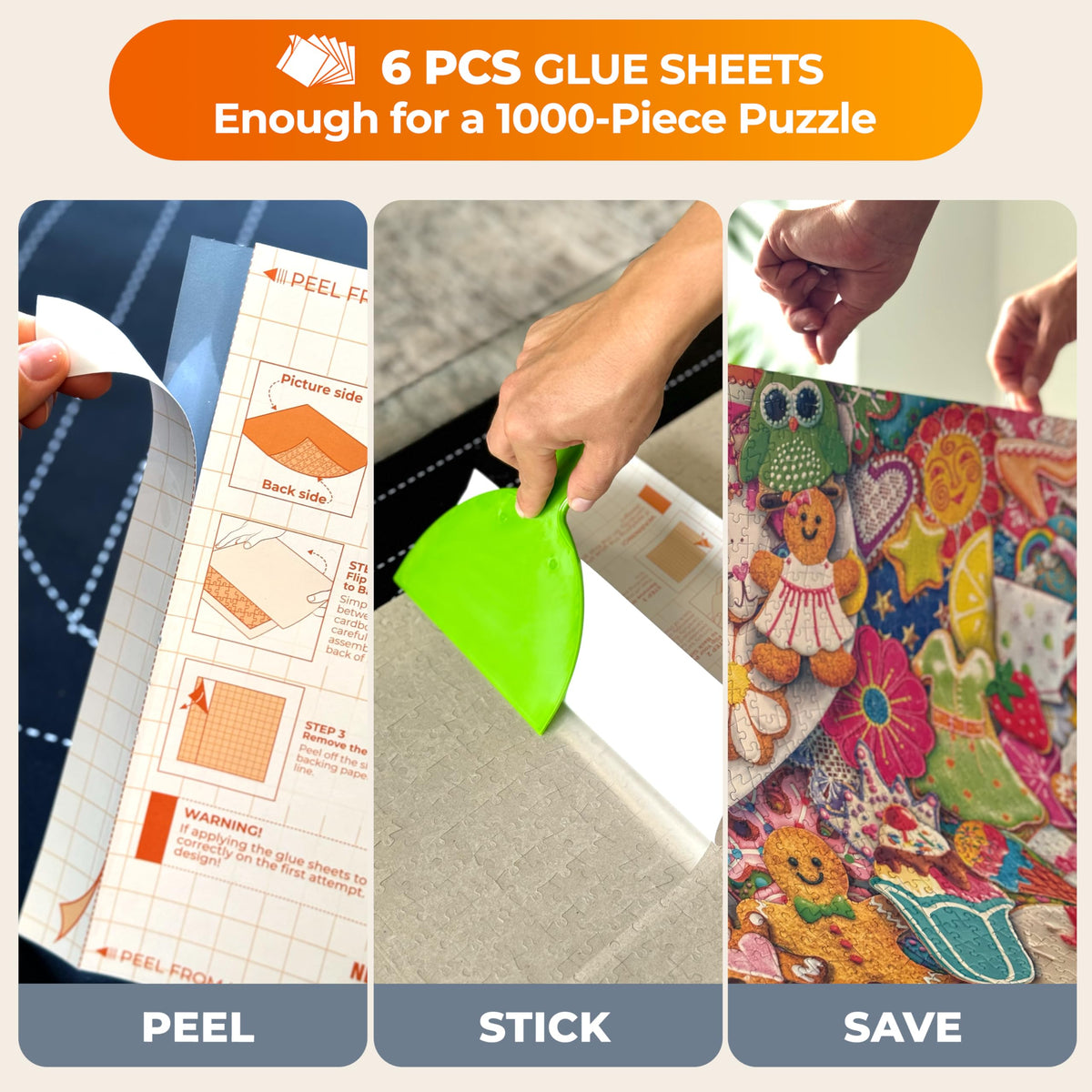 Newverest adhesive hangers securely display finished puzzles on walls.