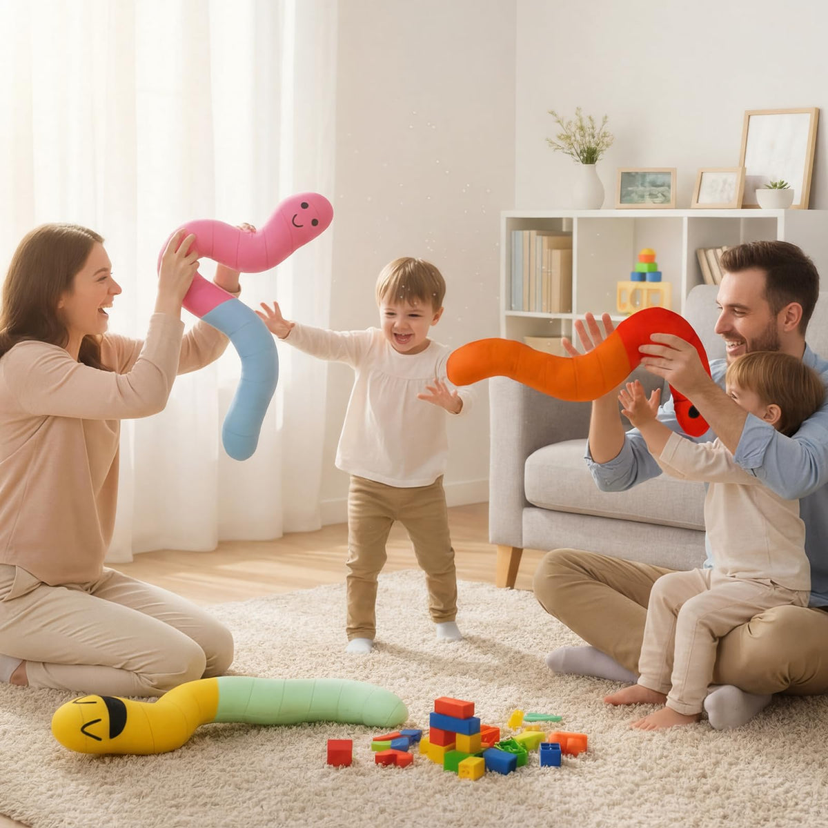 Three worm plushies shown as a versatile 3-set display for flexible decor options