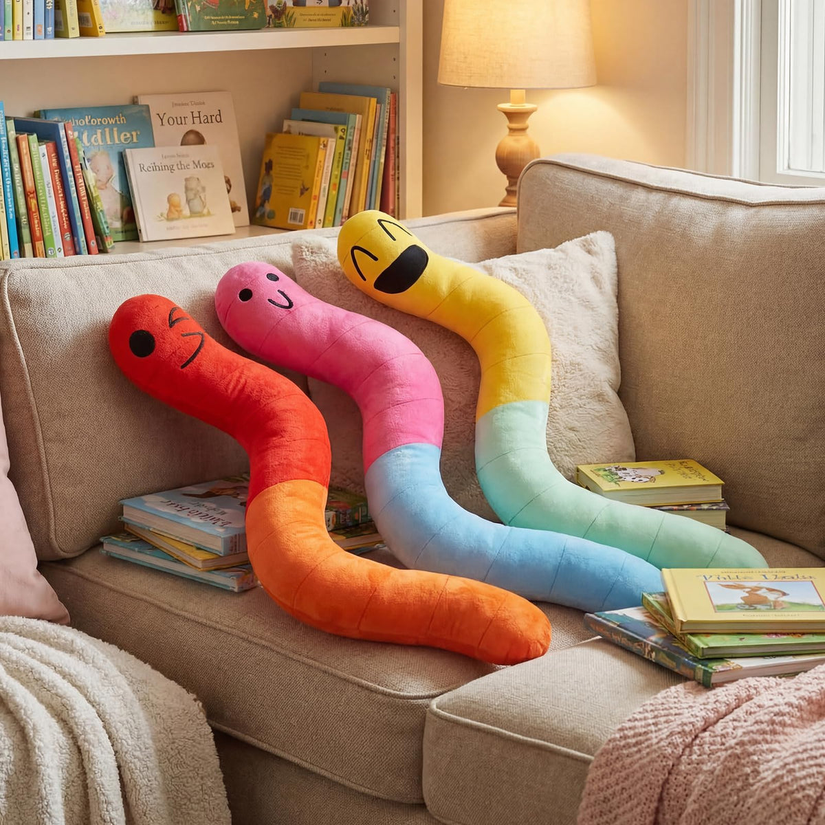 Newwiee gummy worm pillow with front face adds playful charm to shelves