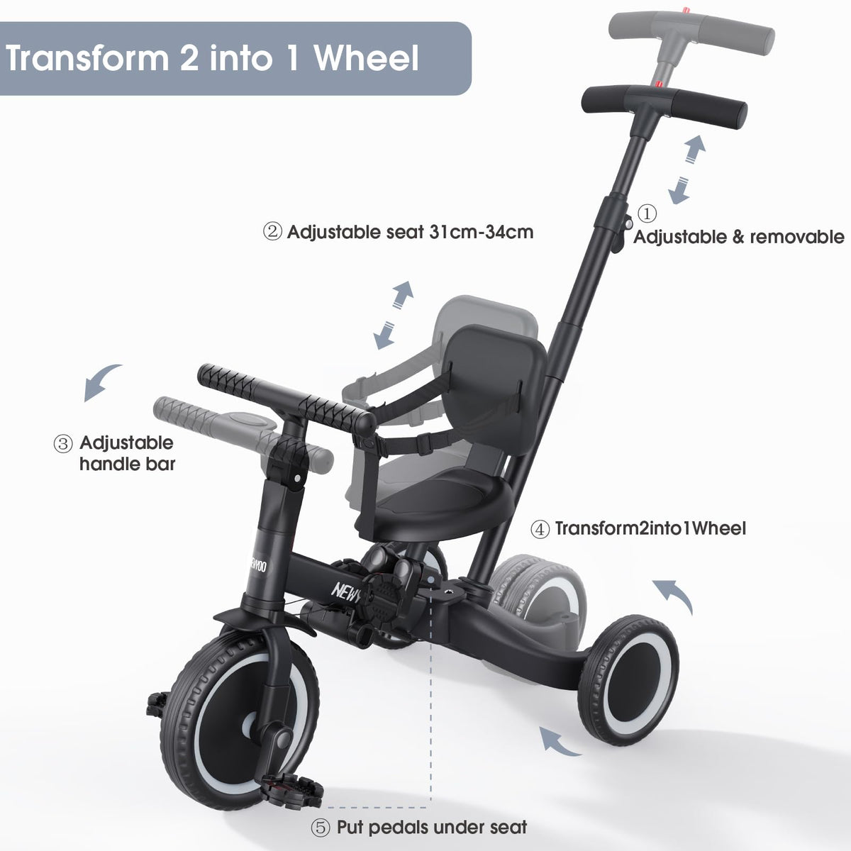 newyoo Toddler Bike removable backrest shows flexible support for kids.