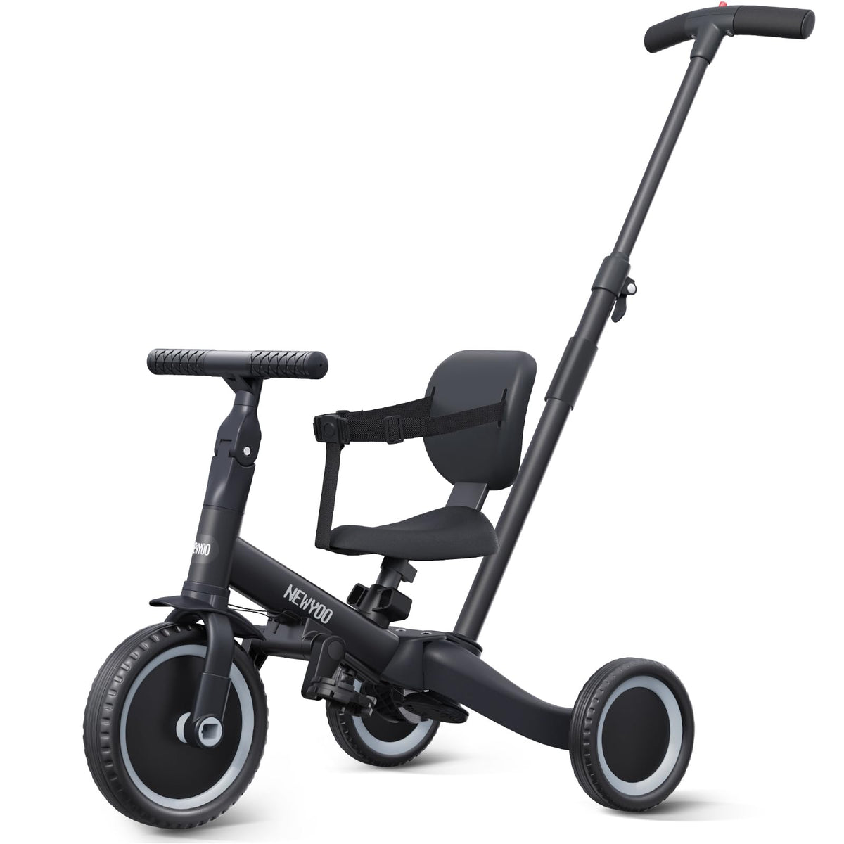 newyoo Toddler Bike front view in tricycle mode with push handle for stable guidance.