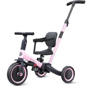 Newyoo Toddler Tricycle pink front view with push handle and safety belt