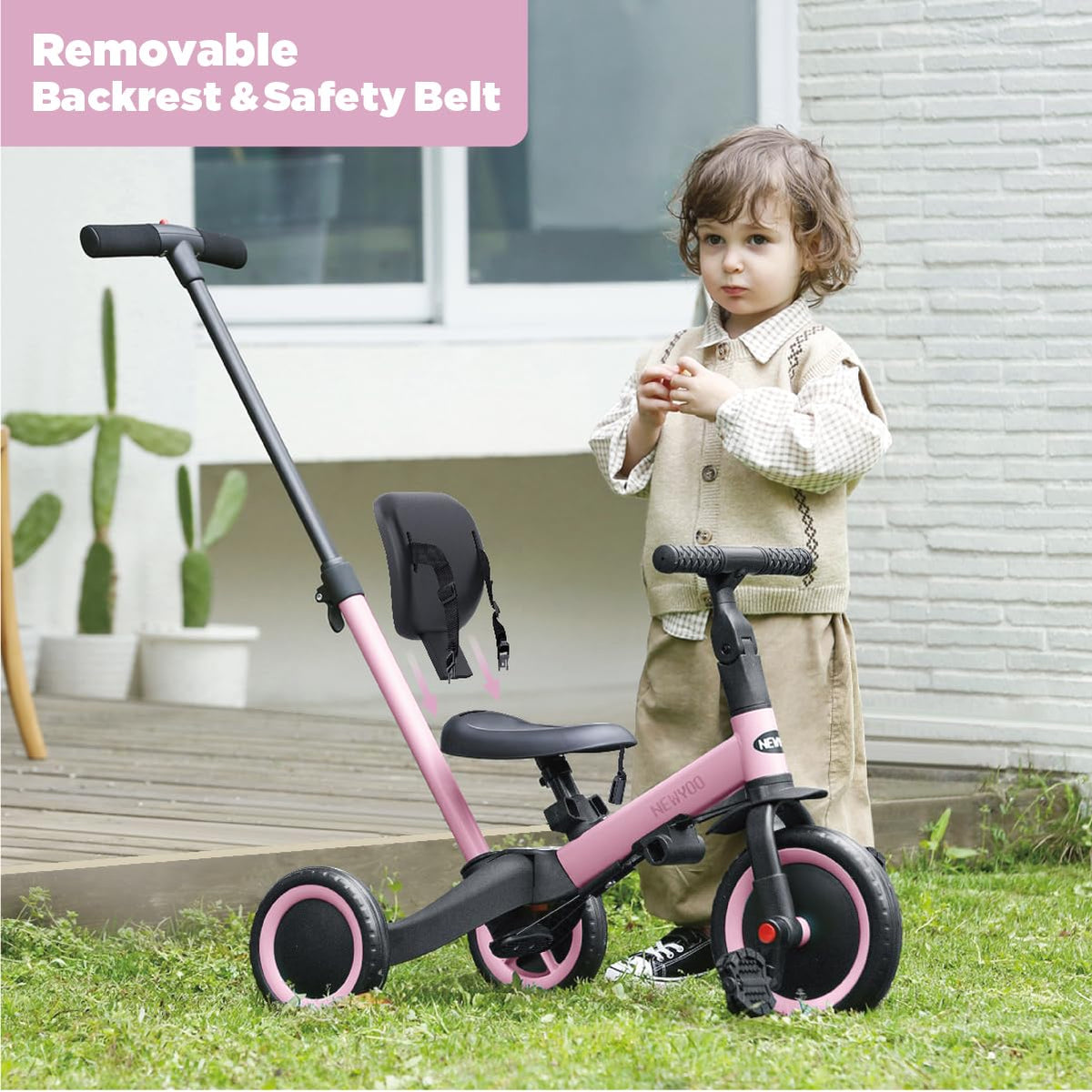 Newyoo Toddler Tricycle pink in-use view shows mode transition ease