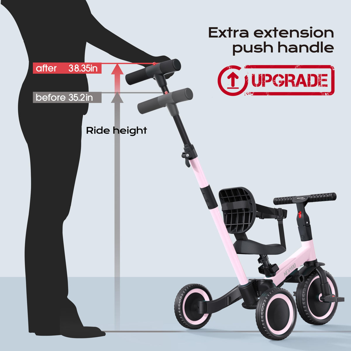 Newyoo Toddler Tricycle pink side view shows adjustable seat and pedals