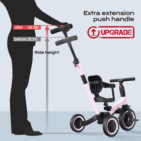 Newyoo Toddler Tricycle pink side view shows adjustable seat and pedals
