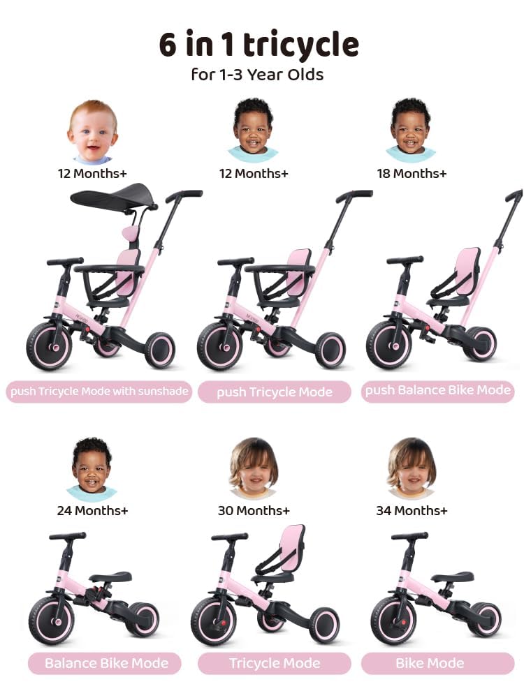 newyoo 6-in-1 tricycle transitions in pink for growing kids