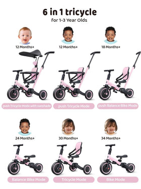 newyoo 6-in-1 tricycle transitions in pink for growing kids