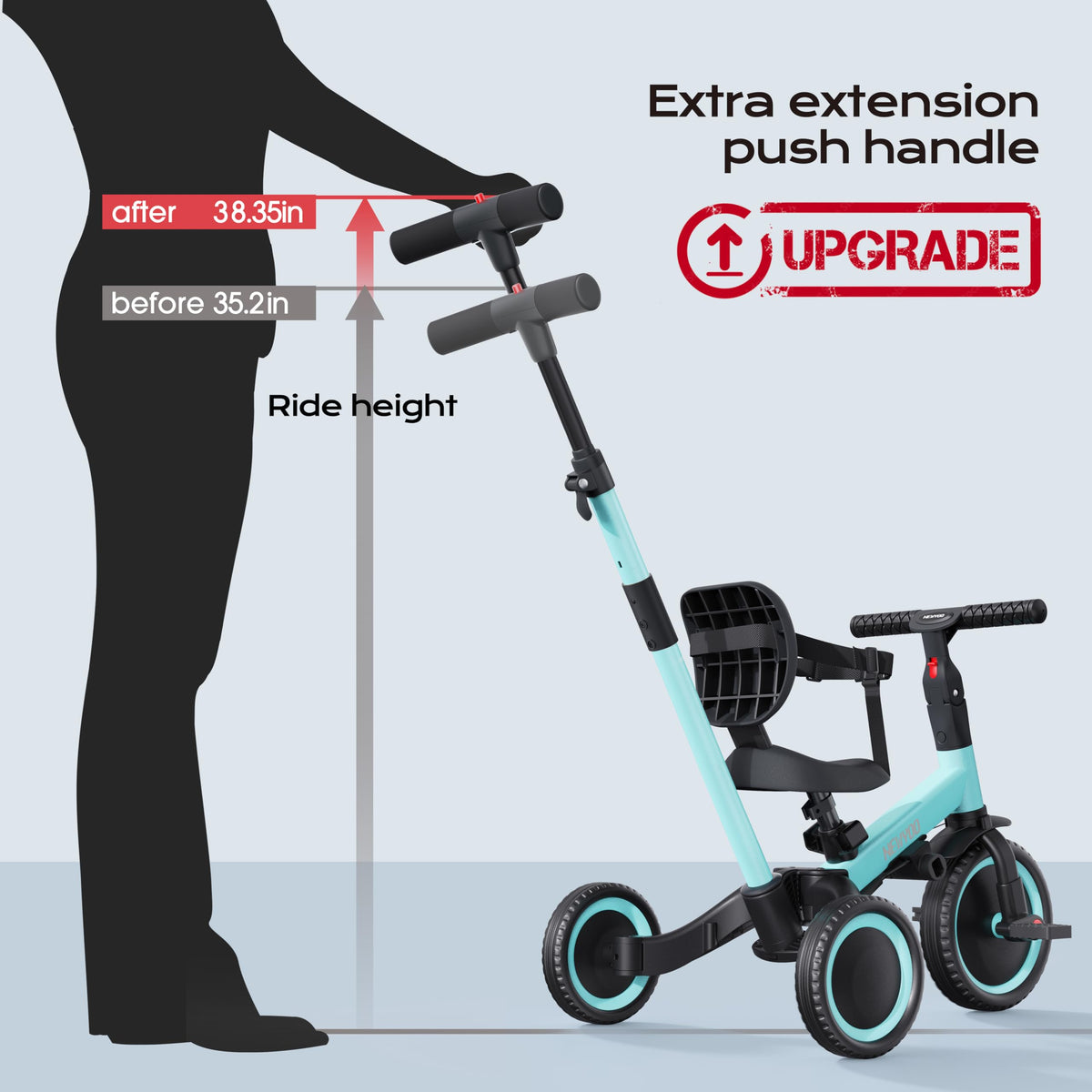 Newyoo tricycle with adjustable seat and handlebars for growing kids.