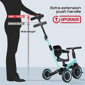 Newyoo tricycle with adjustable seat and handlebars for growing kids.