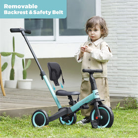 Newyoo tricycle in blue with backrest and safety belt for secure riding.