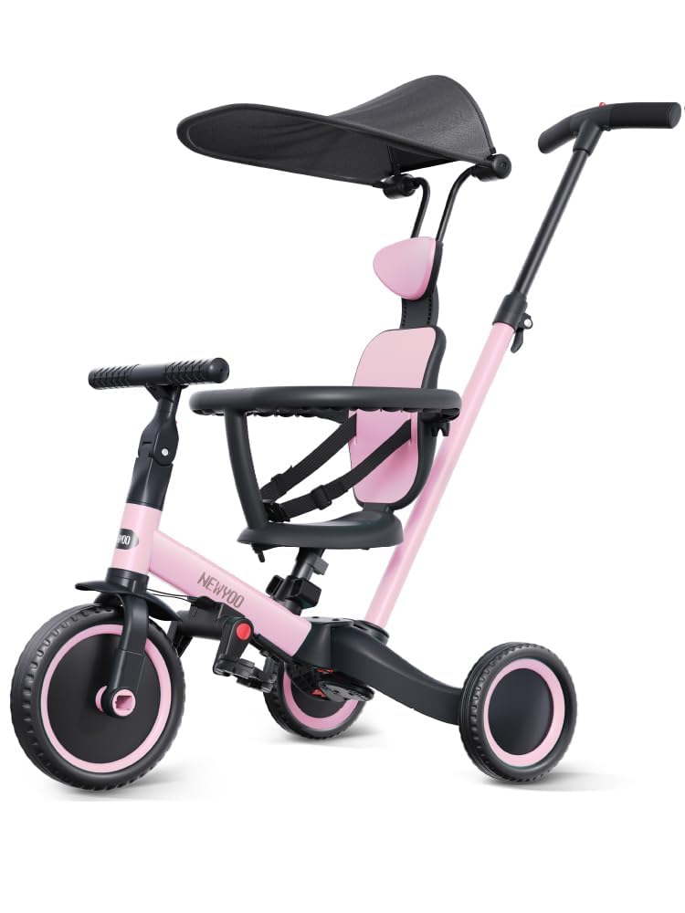 newyoo tricycle push handle with canopy in pink, ideal for parent-assisted strolls
