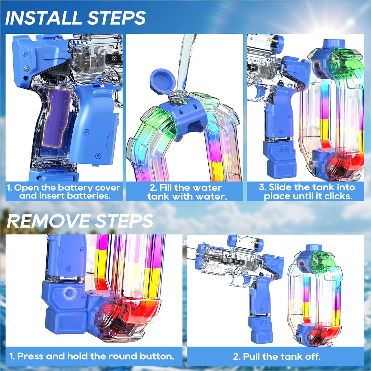 Nextjoy blue electric water gun ready for family pool parties and backyard battles.