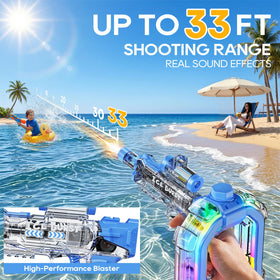 Nextjoy electric water gun demonstrates a 33ft range for long-distance soaking during pool parties.
