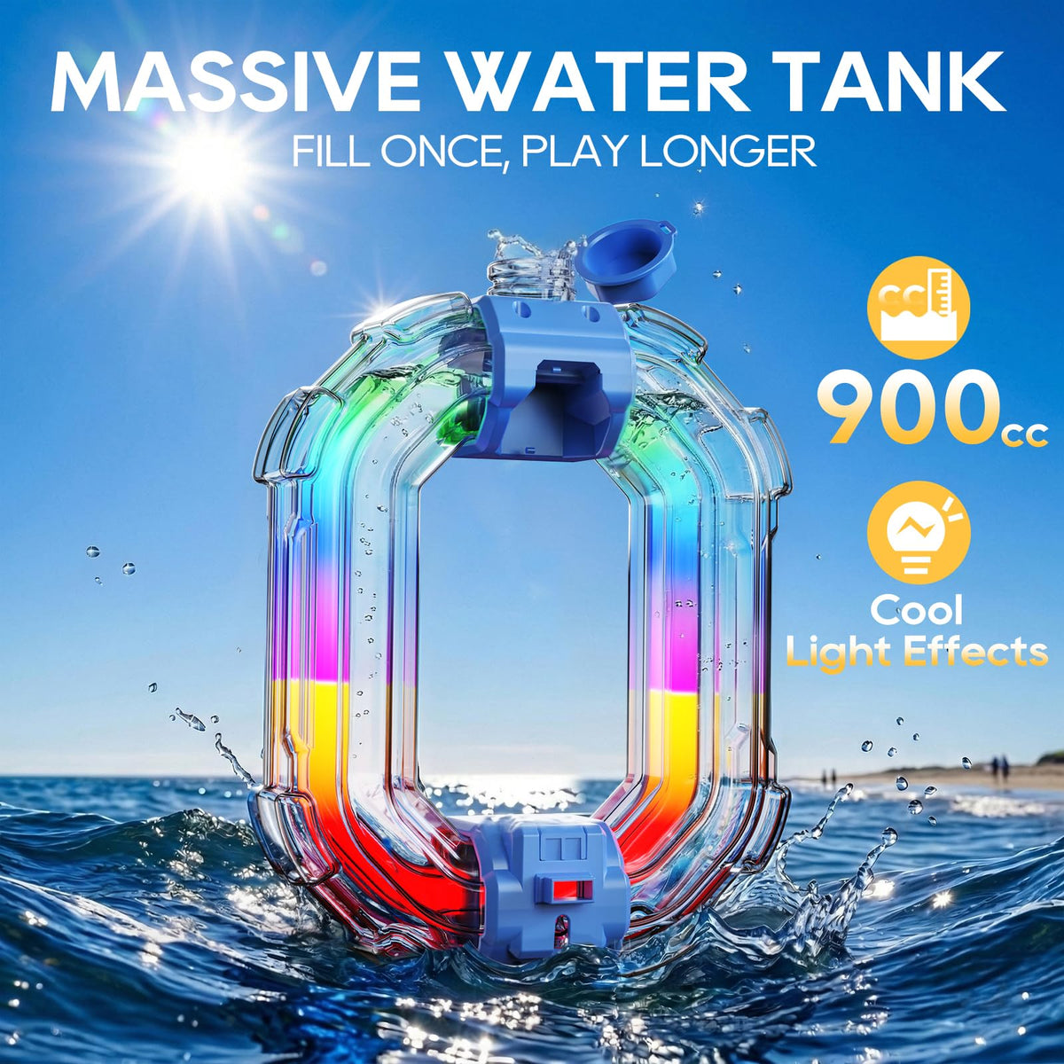 Nextjoy electric water gun features dual LED lights for day and night play.