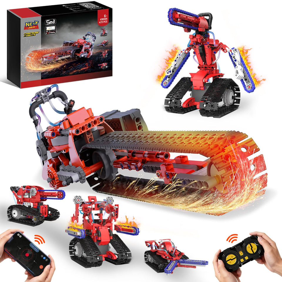 NextJOY STEM Chainsaw Robot front view with LED lights for creative play
