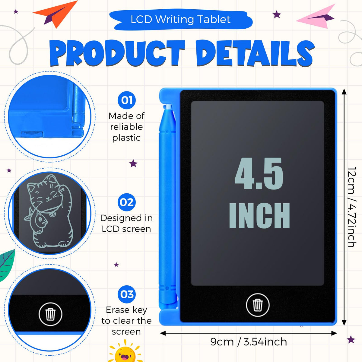 Nezyo blue mini LCD tablet front view, compact 4.5-inch screen for drawings.