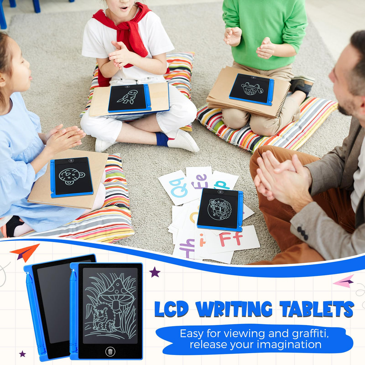 Nezyo blue mini writing tablets in hand, portable learning companions for travel.
