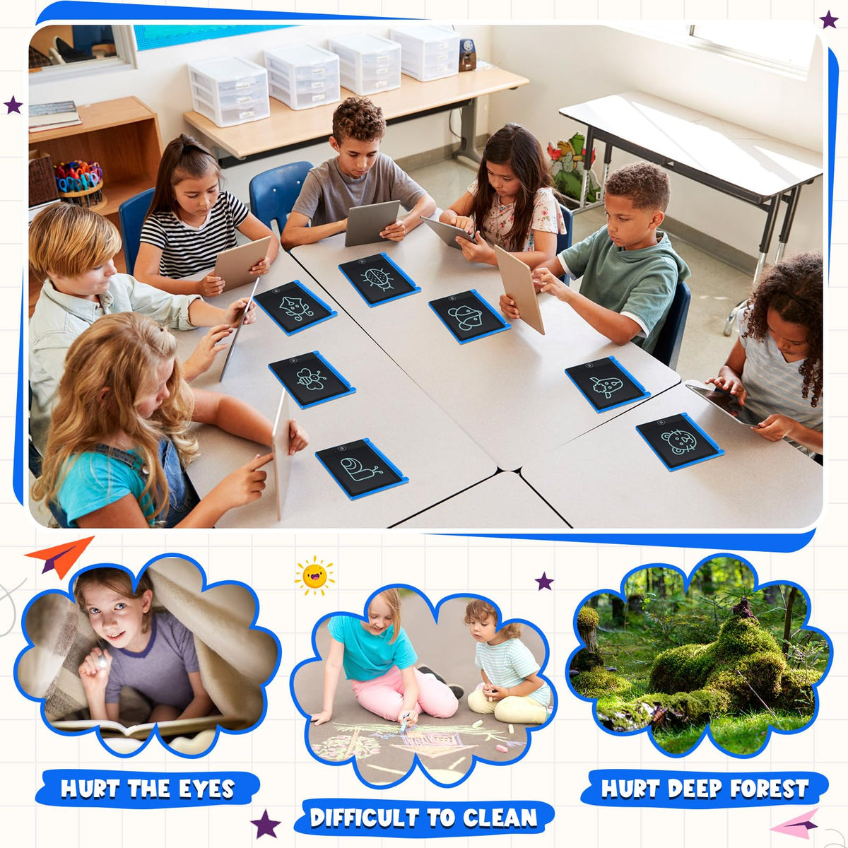 Nezyo blue LCD tablet bundle on table, ready for kids' drawing sessions.