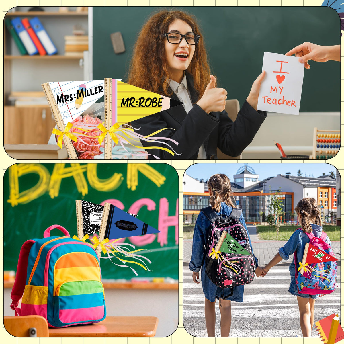 NFAMRZCAR classroom pennants displayed on boards and backpacks