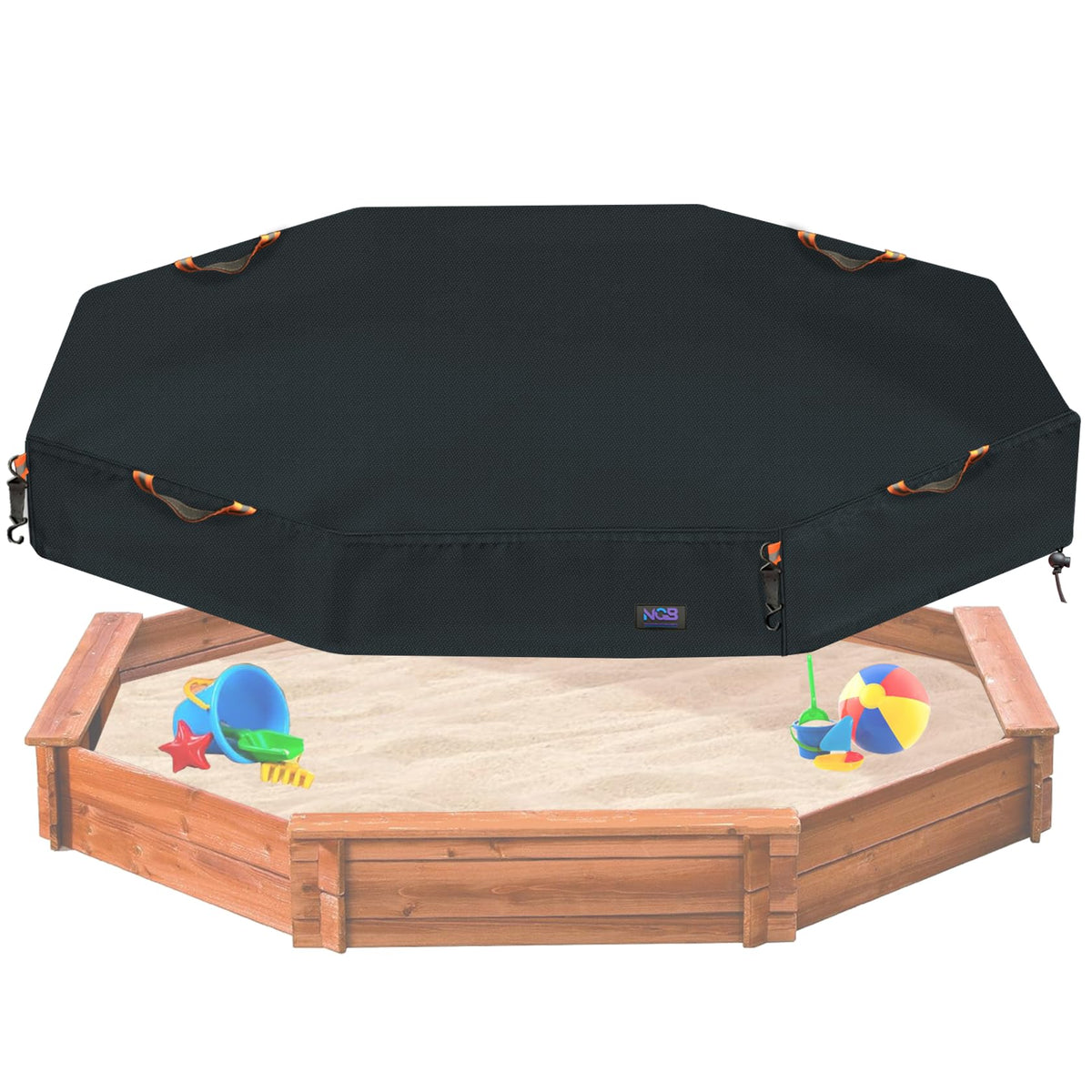 NGB octagon sandbox cover with windproof hooks securing the sandpit in place