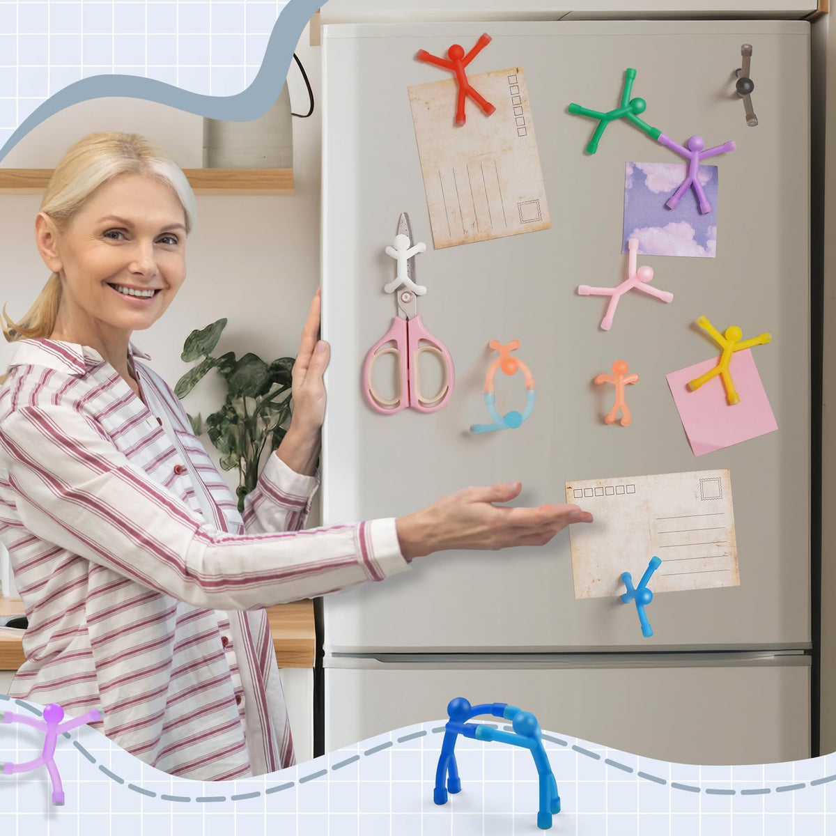 Nice magnets on fridge displaying notes and photos in a playful way