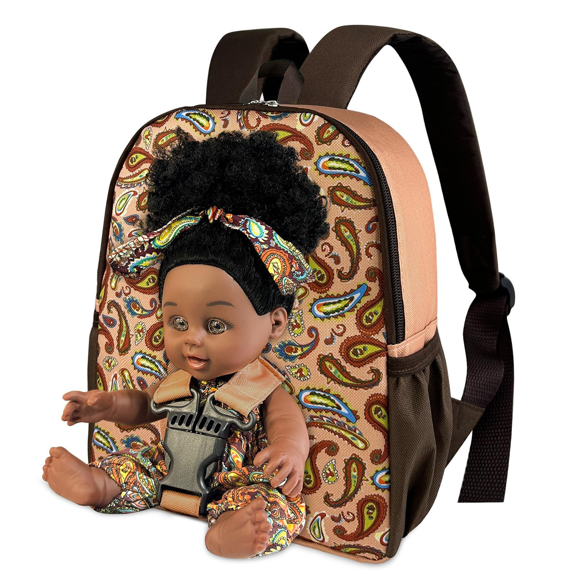 Nice2you black 10-inch baby doll with take-along backpack carrier for travel play.