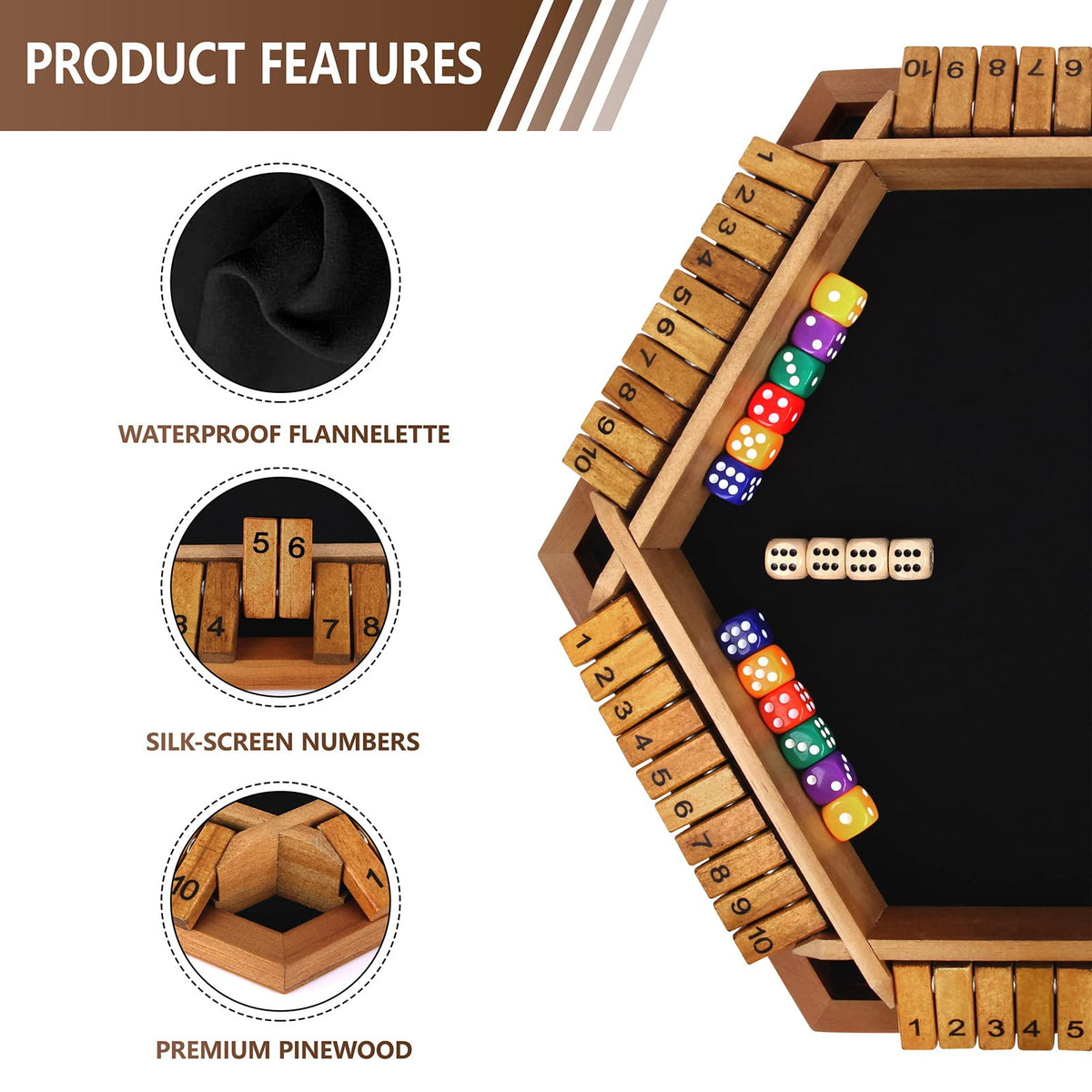Nicecho Shut The Box felt-surface reduces noise during play.